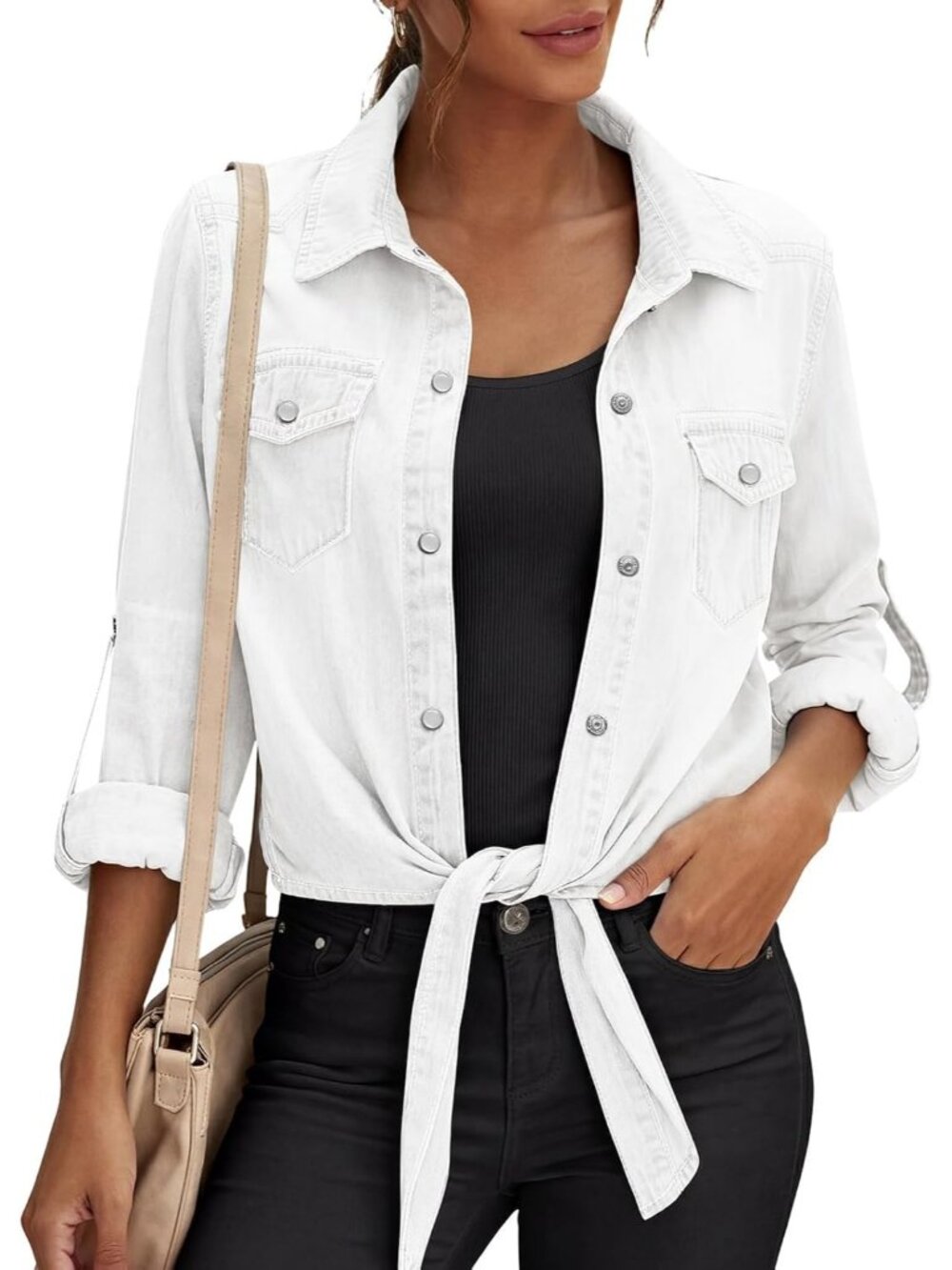 〽️Women's White Cropped Jean Shirt Tie Front Button Up Long Sleeve Denim Cardiga